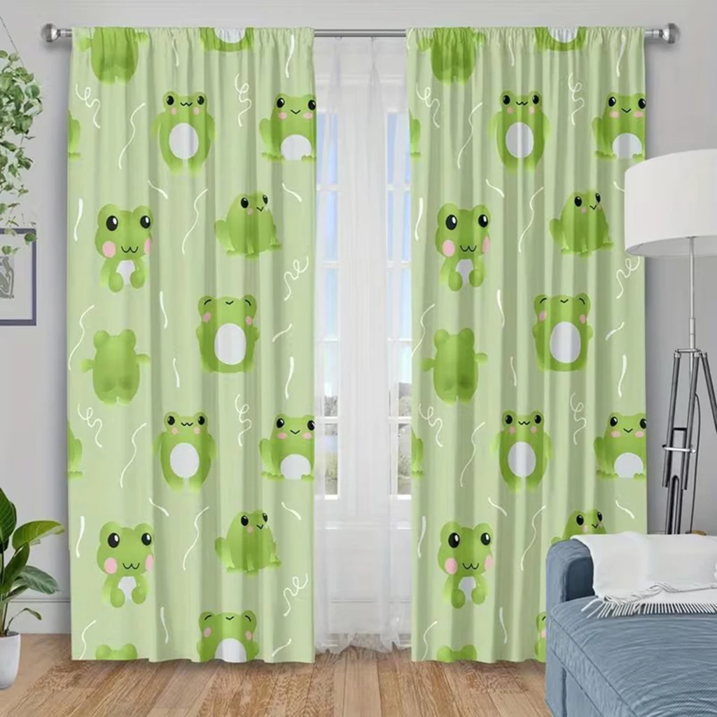 2-piece set of cute frog printed curtains, bedroom insulation semi blackout window screen fabric, machine washable polyester fib