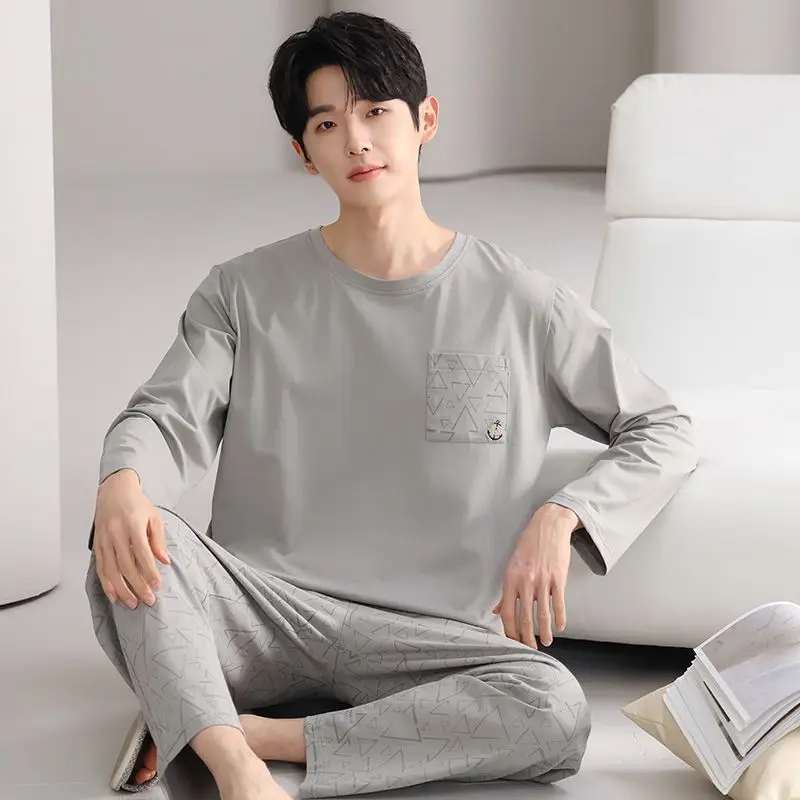 

2026 весенне-осенние пижамные комплекты из 100% хлопка с длинными рукавами для мужчин, высококачественная корейская свободная одежда для сна, мужская домашняя одежда, одежда