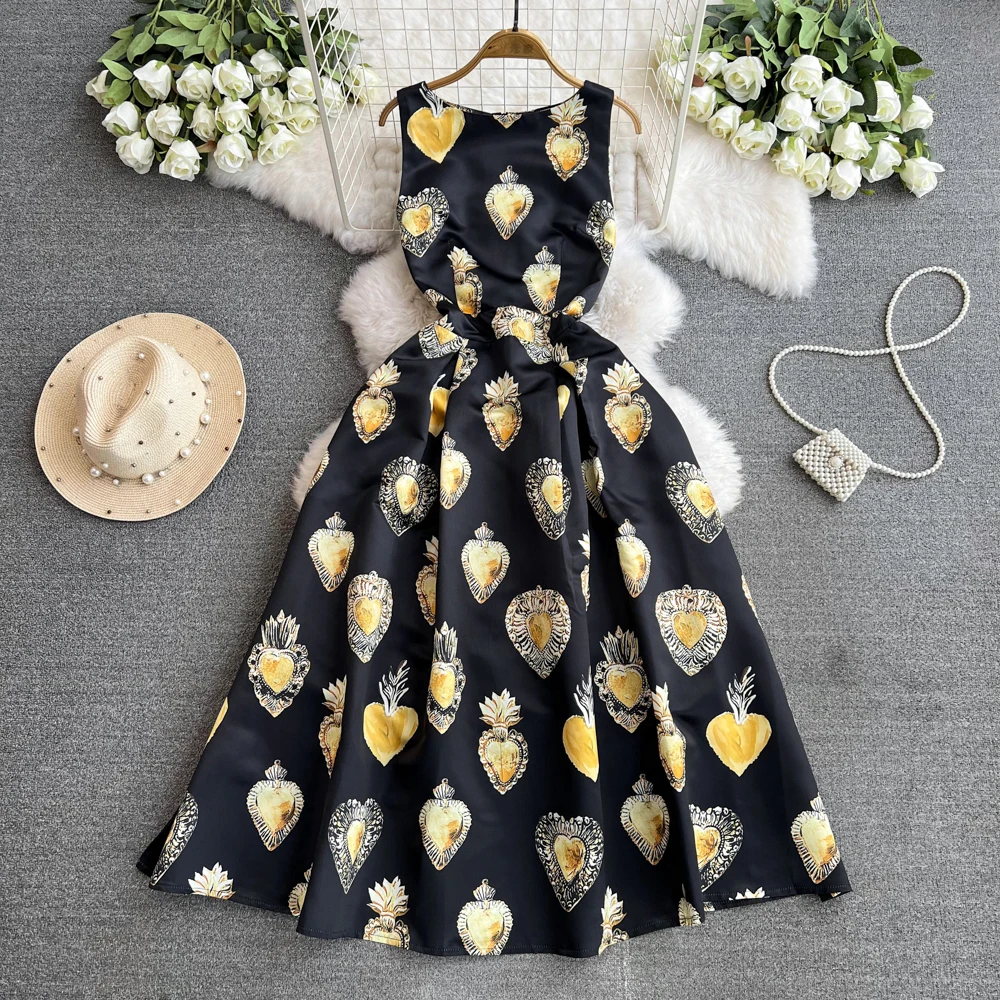 Baroque Vintage Crown Flower Print Satin Summer Dresses Women Elegant Vest Sleeveless Birthday Party Midi Tank Robes Female