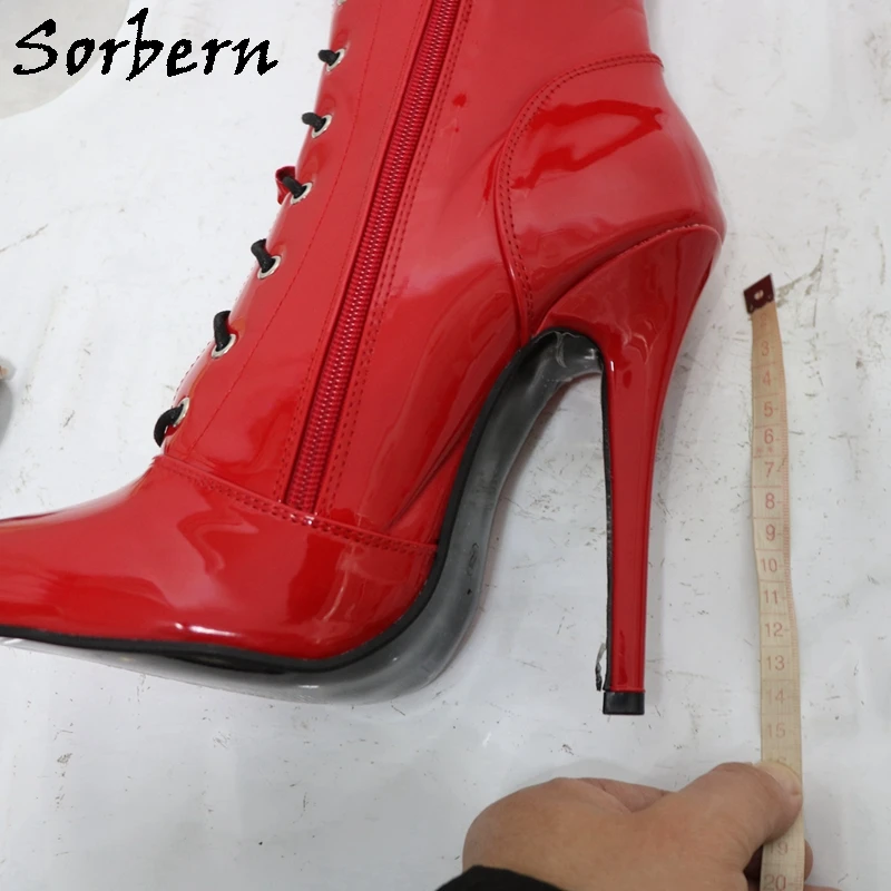 Sorbern Red Shiny 14cm Stilettos High Heel Unisex Boots Pointy Toes Zip Up Customized Shaft Length Cosplay Shoes For Sissy Boys