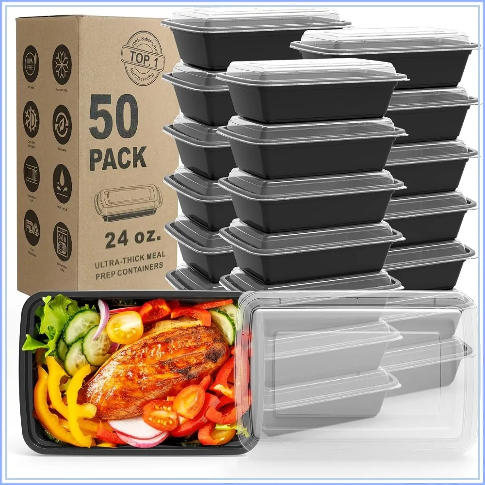 

50 Pack Meal Prep Containers, Extra-thick BPA Free Plastic Bento Lunch Box, Stackable, Microwave/Dishwasher/Freezer Safe (24 oz)