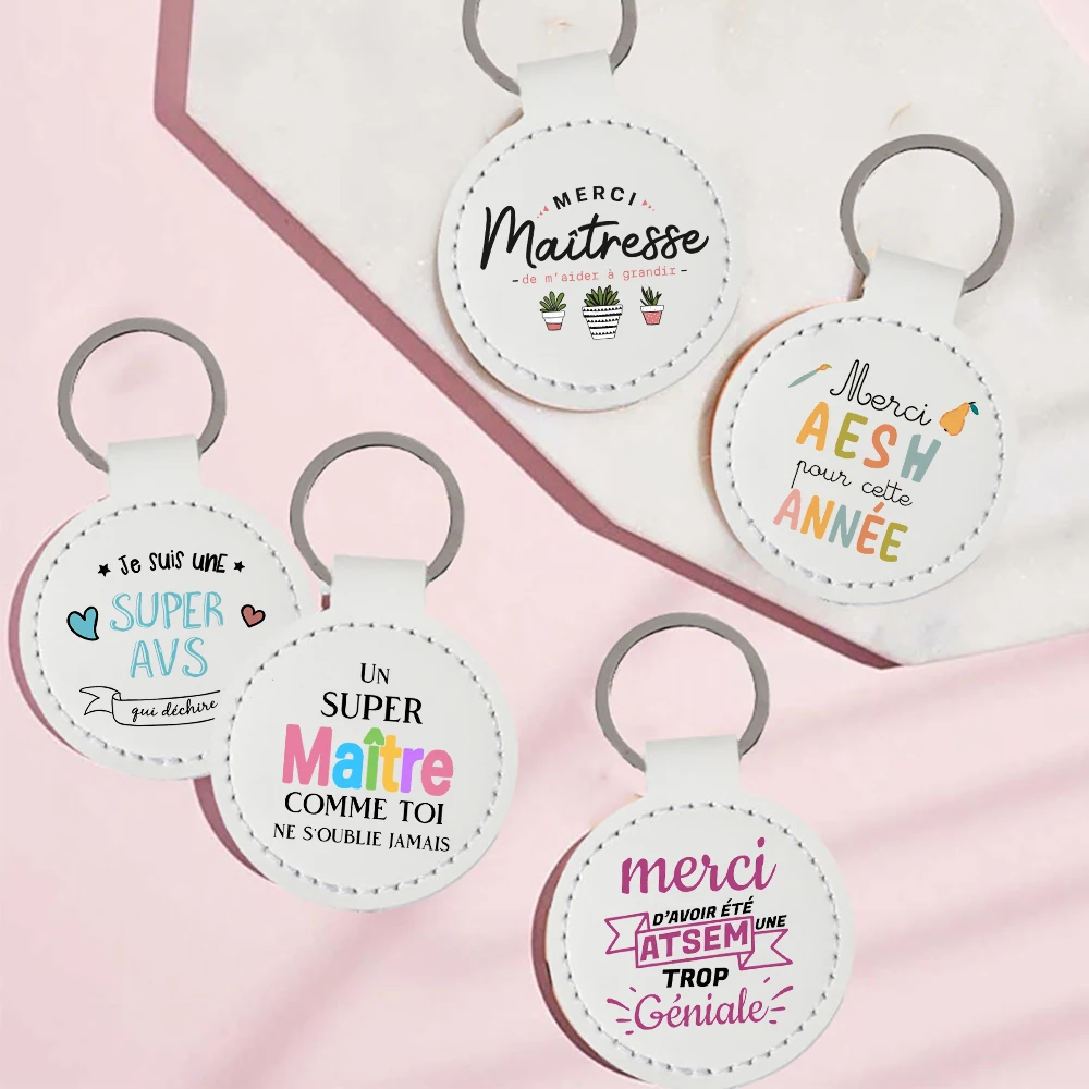 French Printed Key Chains Teacher's Day Gift Keychain Leather Keyring Graduation Thanks Gift for Maitresse Maitre Atsem Aesh Avs