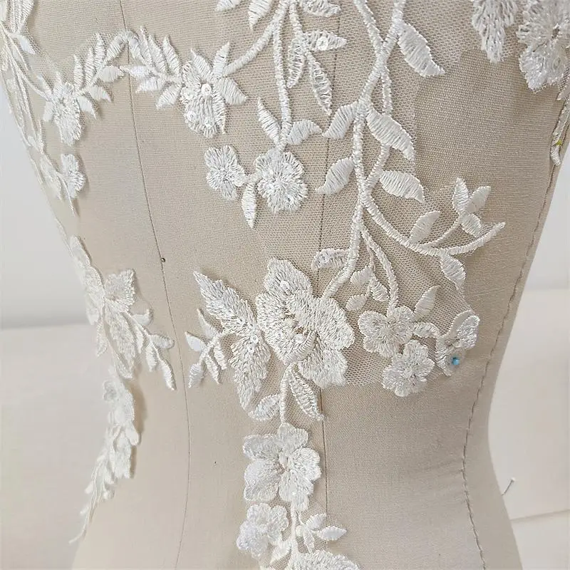 White Flowers Wedding Appliques, Embroidered Lace Mesh Fabric, Sew On Patches for Bride, Evening Dress, DIY Decoration, 2Pcs