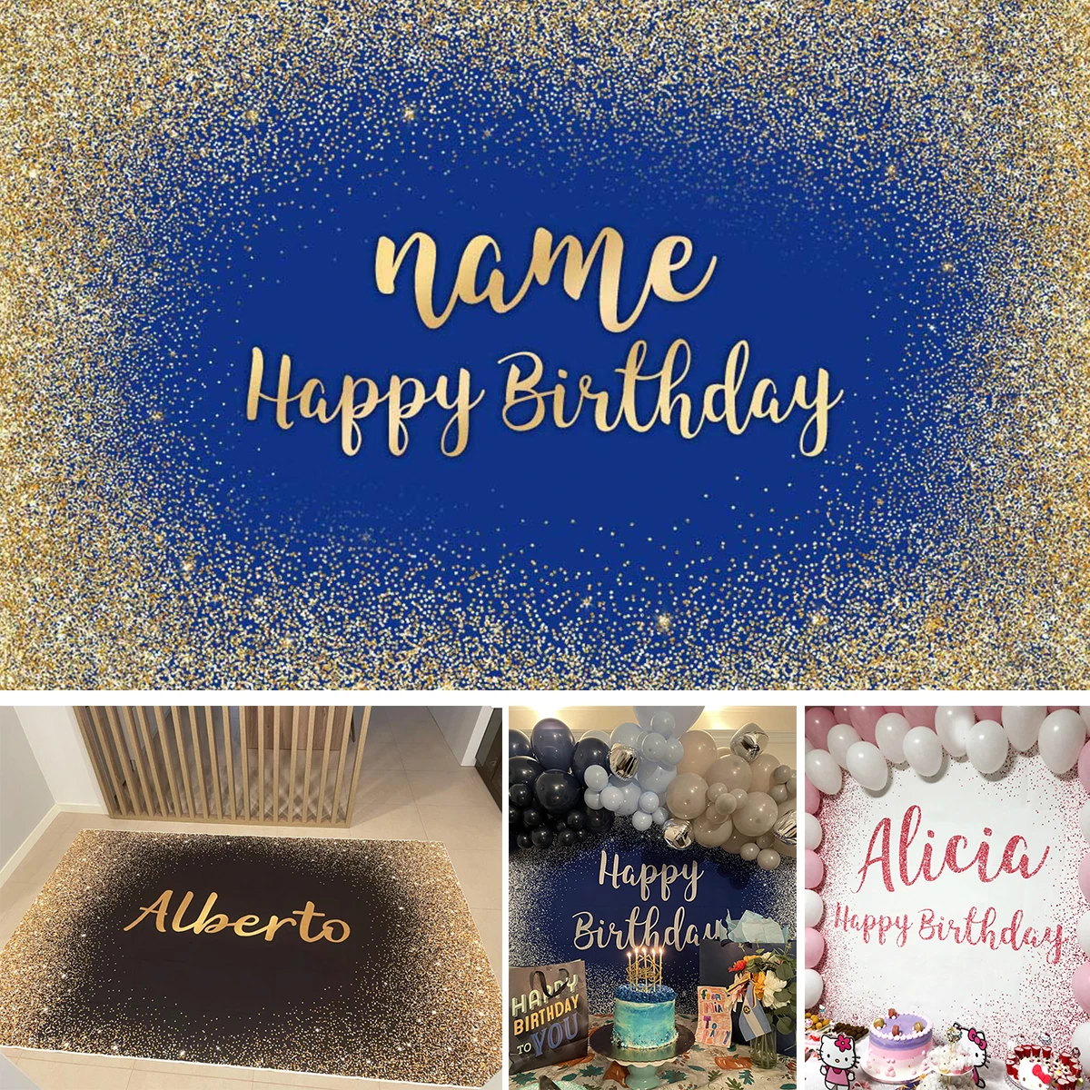 

Mocsicka Party Banner Kids Adult Birthday Customize Name Photo Background Dark Blue Gold Glitter Dots Backdrop Anniversary Props