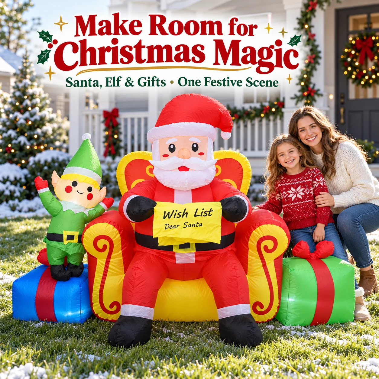 7FT Christmas Inflatable Santa Claus On Throne With Elf And Wish List LED Lighted Blow Up Giant Outdoor Yard Garden Decorations