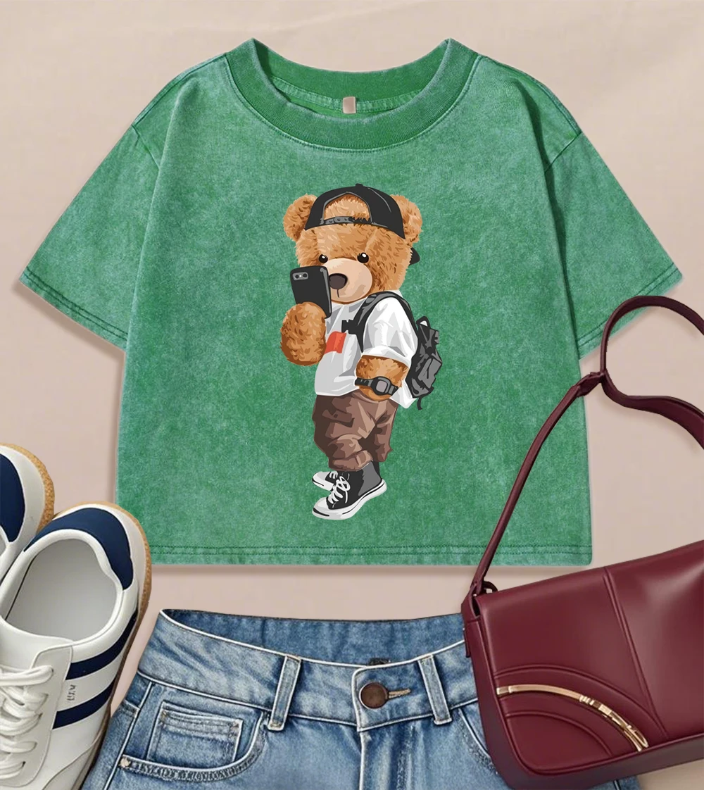 ارتداء قبعة كول الدب Selfie طباعة غسلها المحاصيل تي شيرت المرأة خمر اللياقة البدنية الملابس القطن سليم قصيرة الأكمام Crewneck Y2K تي شيرت