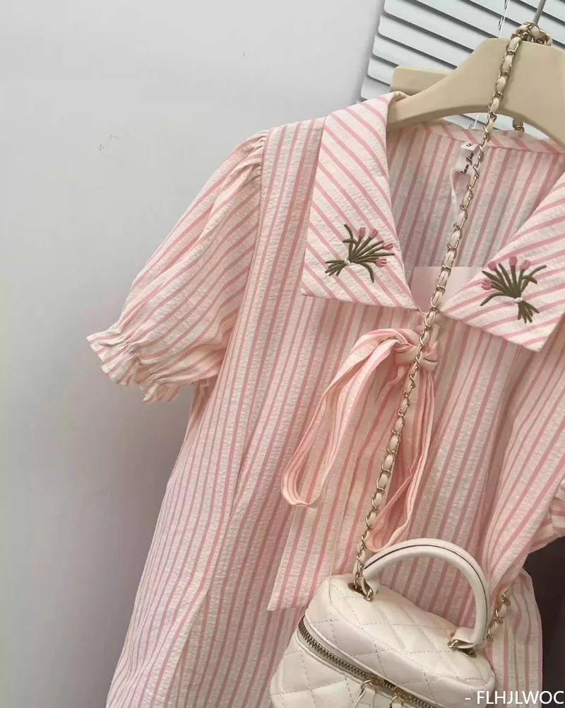 Blusa listrada rosa para mulheres, tops chiques de algodão do Japão e Coreia, estilo preppy de gravata borboleta, roupas doces fofas, verão