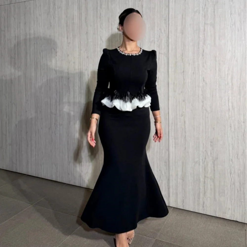 

Customized Elegant O-Neck Glitter Long Sleeves Women's Evening Gowns Pleat Midi Dresses Wedding Party Dress Modern Style