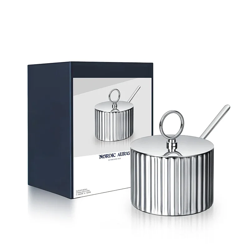 Luxury Stainless Steel Salt Jar, Sugar Bowl with Lid & Spoon, Spice Container, Art Deco Condiment Jar for Pepper, Seasonings 6