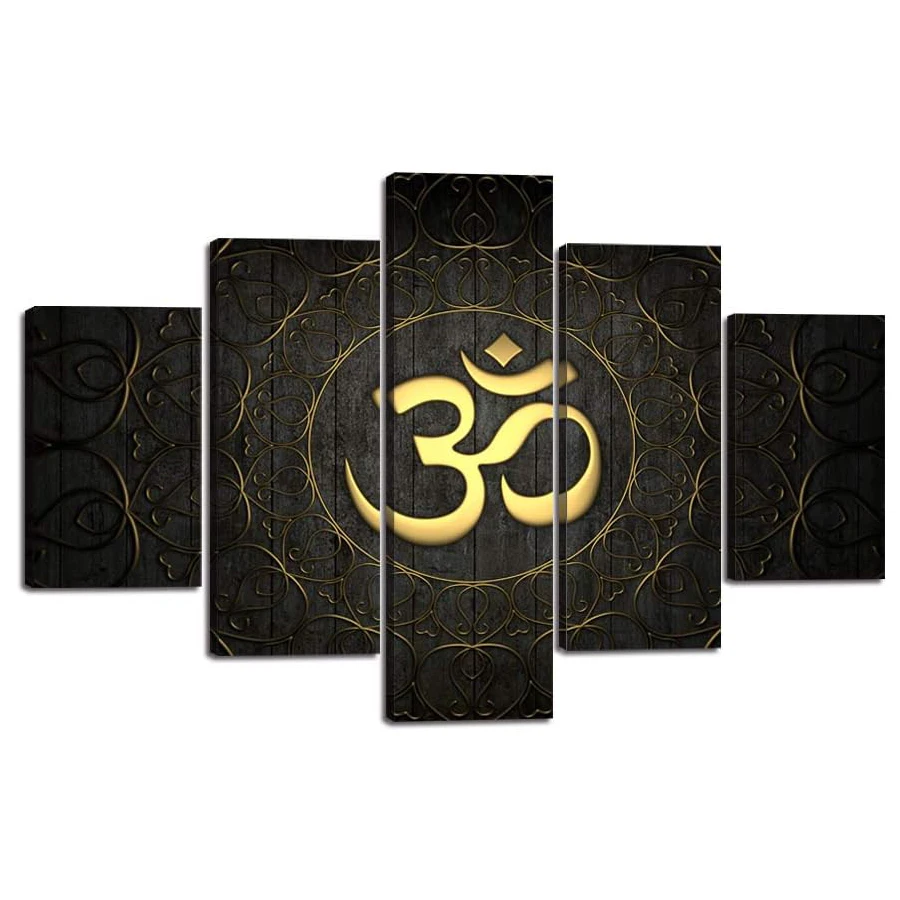 5 Pcs Buddha OM Yoga Symbol diamond Painting Abstract Golden Pattern Wall Art Decor Black Ornate Indian Yoga Circle mosaic decor