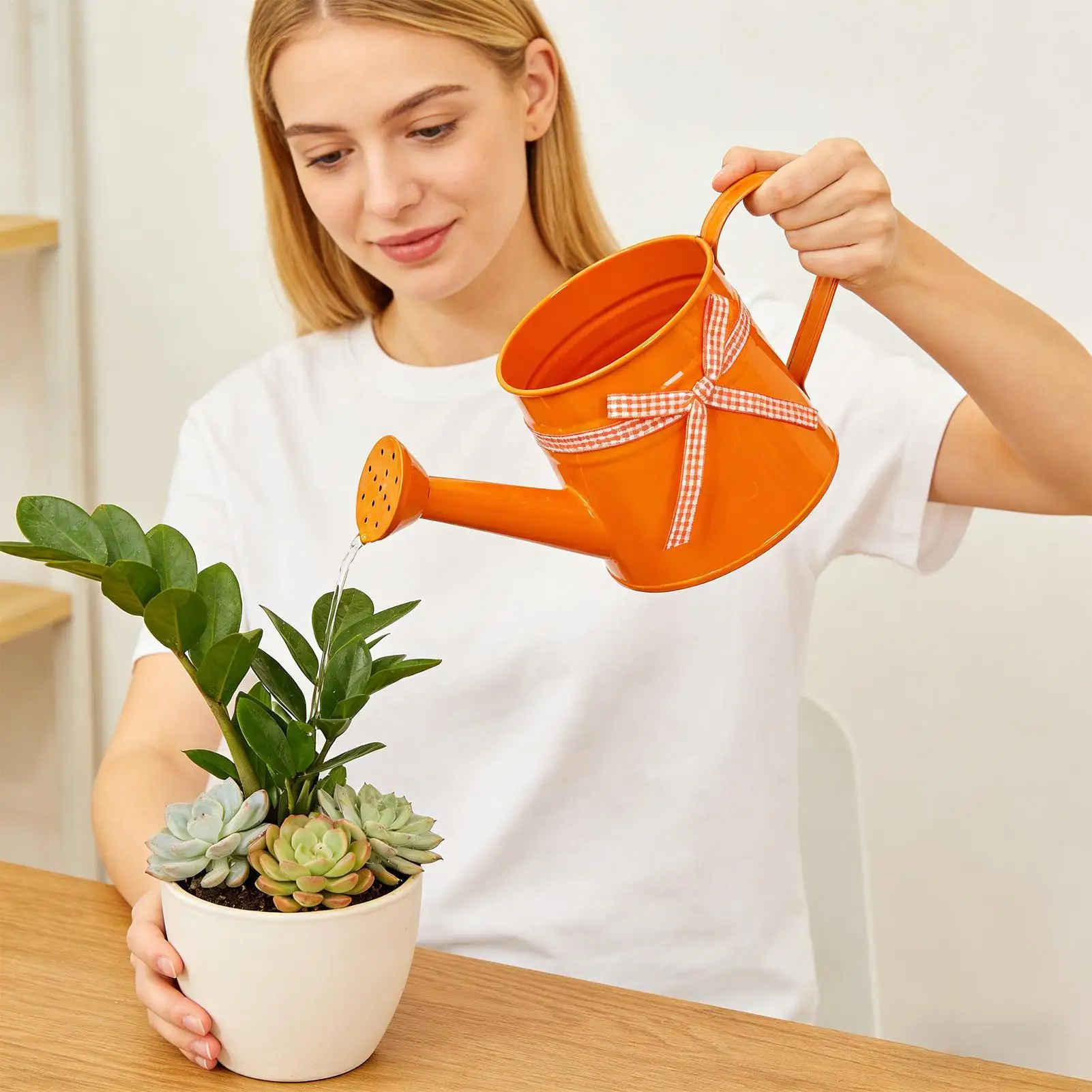 Mini Watering Can 1L Metal Pot with Sprinkler Head and Gingham Ribbon Modern Plant Watering Cans for Home Office Balcony Garden