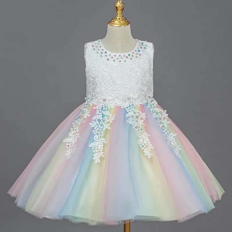 

Kids Dress For Girls Summer Rainbow Gradient Color Mesh Sweet Fluffy Flower Girl Dress For Host Piano Wedding Party
