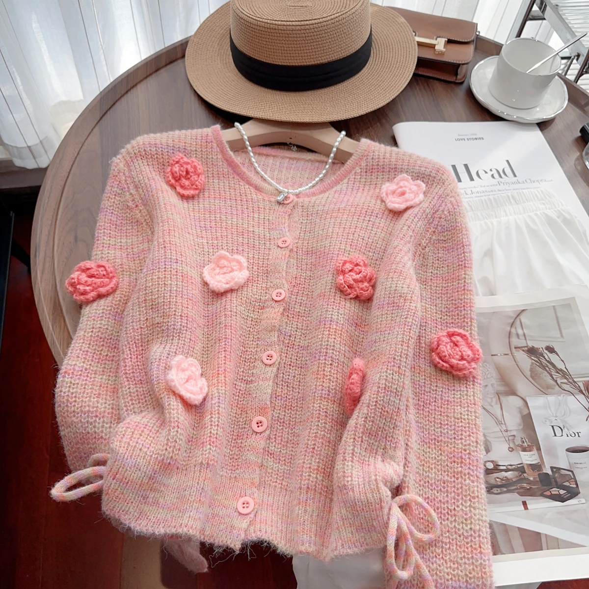 2024 Autumn Flowers Embroidery Short Sweater Cardigan For Women Long Sleeve Japanese Kawaii Sweet Clothes Knitted Pink Sweater