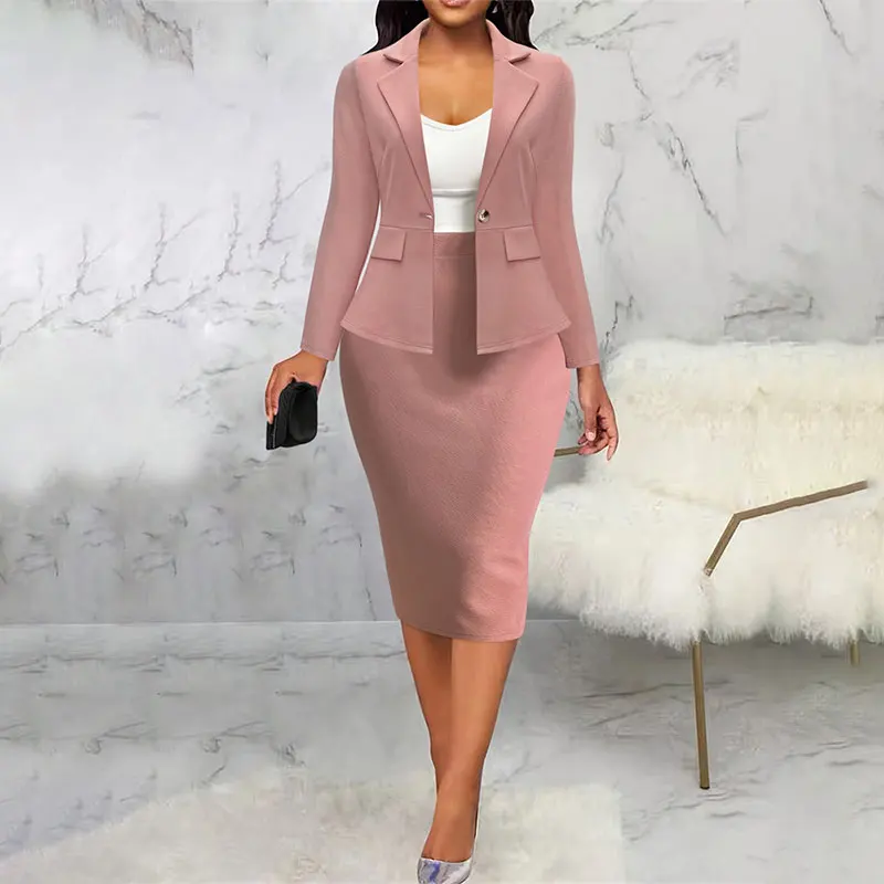 Black Pink Solid Jacket Blazer femme Two Piece Sets Women+Elegant Mini A Line Midi Skirt Suit Office Outfits Business Clothing