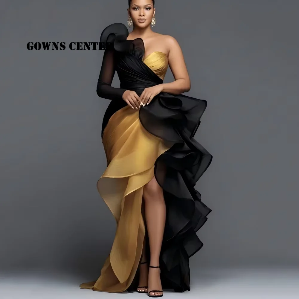 Customized Black Gold Prom Dress Organza Ruffle One Shoulder High Split Mermaid Formal Party Women Evening Gowns Long Customized
