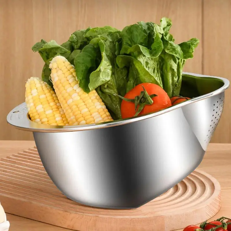 Rice Washer Strainer Bowl Stainless Steel Rice Washing Bowl Inclined Bottom Design High Capacity Strainer Kitchen Accessories