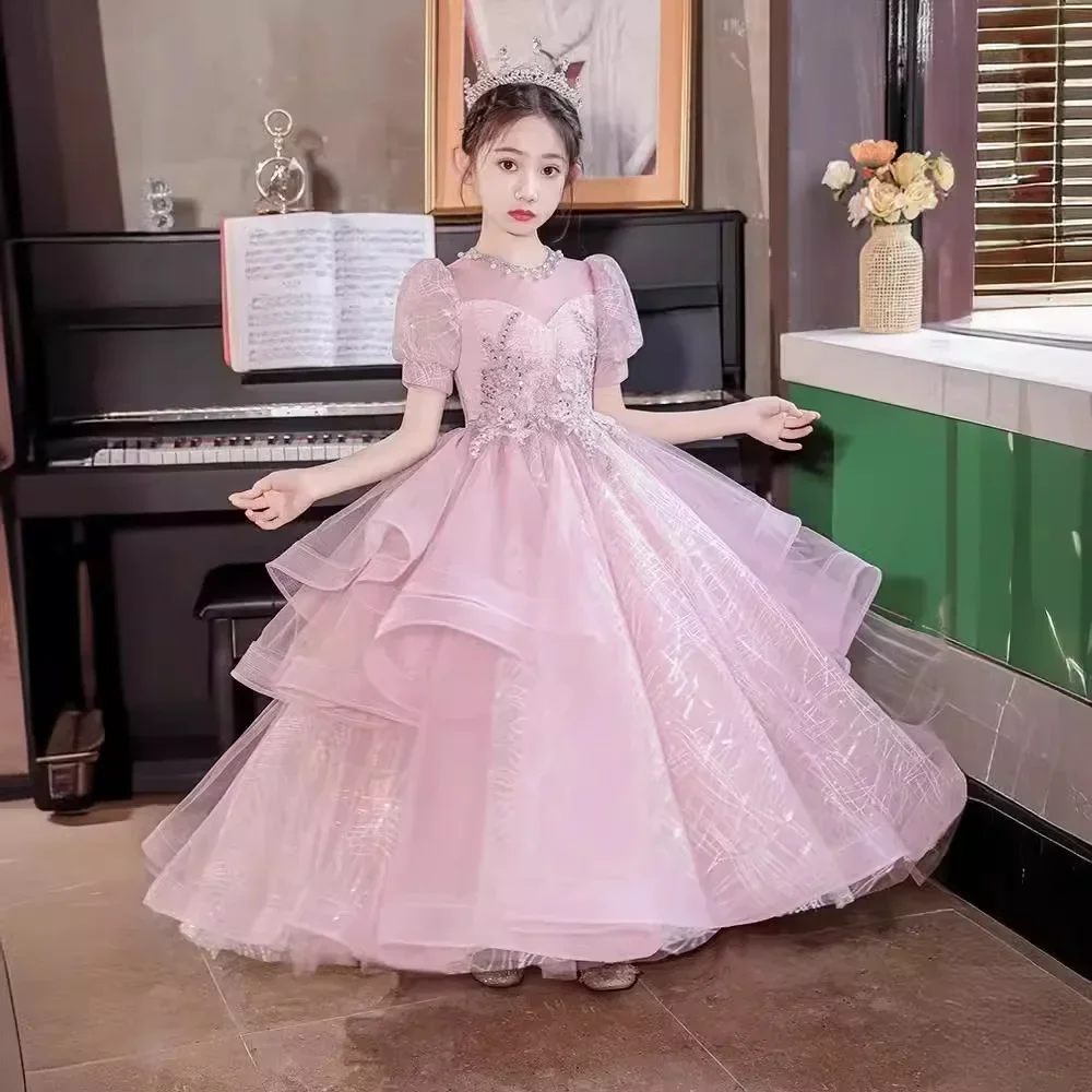 Piano Performance Dress 2024 New Pink Super Immortal Flower Girl Fluffy Princess Dress Little Girl Model Walk Dress