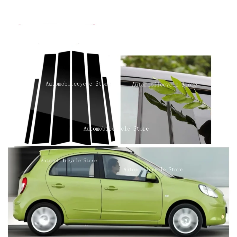 6PCS Glossy Black Pillar Posts Fit For Nissan March Micra K13 2011-2015  Silver Carbon Window Moulding B C Center Sticker Cover