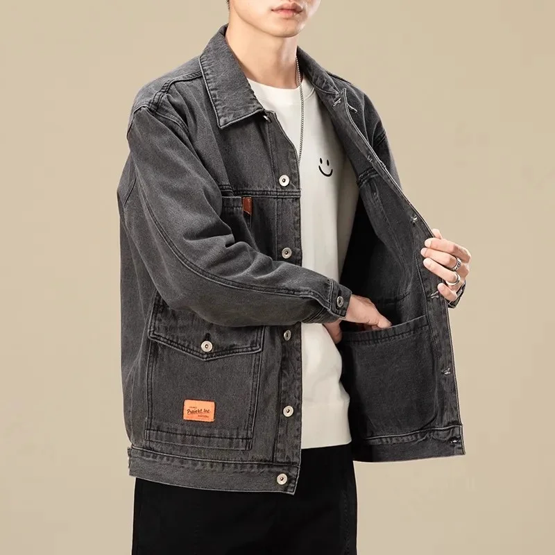 Men's Workwear Denim Jacket Autumn Winter Wear Resistant Dirty Multi Pocket Casual Style Long Sleeve Button Closure Coat