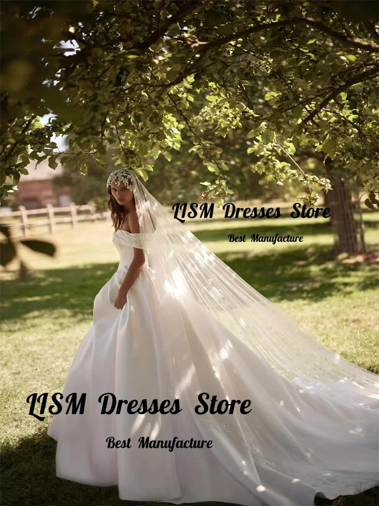 Lism Customized New Arrival Off Shoulder Neckline Satin A-Line Wedding Dress Lace-up Back Floor Length Sweep Train Bride Gown