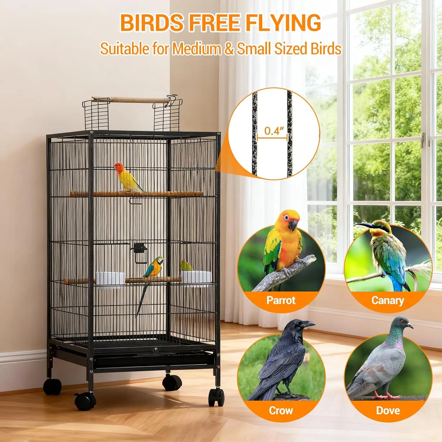 101cm Large Bird Cage Play Open Top Budgie Cage with Rolling Stand Slide-Out Tray Water Bottle Feeder, Indoor Outdoor Cage