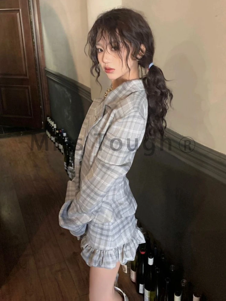 Preppy Style Sexy 2 Piece Set Women Blue Plaid Coat + Flounce High Waist Sweet Skirt Suit Female New Elegant Kawaii Set Spring