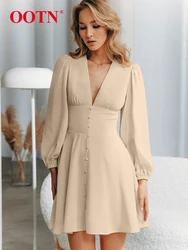 Ootn Elegant V-Neck Khaki A-Line Dress For Women 2024 Fashion Solid Buttons Long Sleeve Dresses Autumn Pleated Mini Dress Female