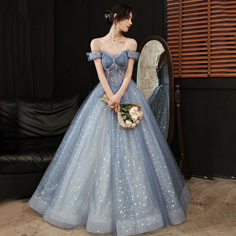 Elegant Blue Evening Dress 2022 New Adjustable Sleeves Sweet Bow Sequin Starry Tulle Long Birthday Party Gonws