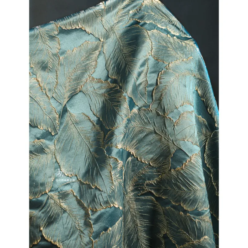 Leaf Blue Gold Jacquard Relief Curtain Fabric French High End Vintage Trójwymiarowa tekstura Designerska tkanina