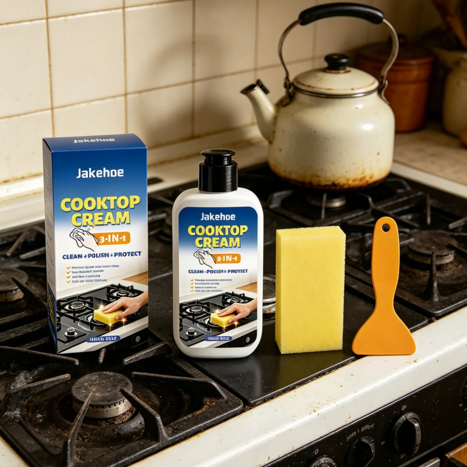 Jakehoe Cooktop Cleaner Cream Deep Cleaning Remove Grease Tough Dirt Removal Gentle Formula Kitchen Stove Cleaner with Tool 100g