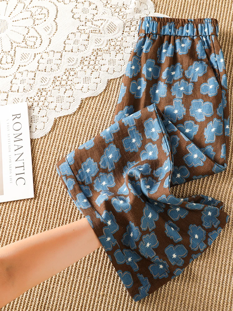 Slimming Floral Cotton Linen Casual Pants Versatile Straight Leg High Waist Digital Printing Wide Leg Pants for Casual Wear