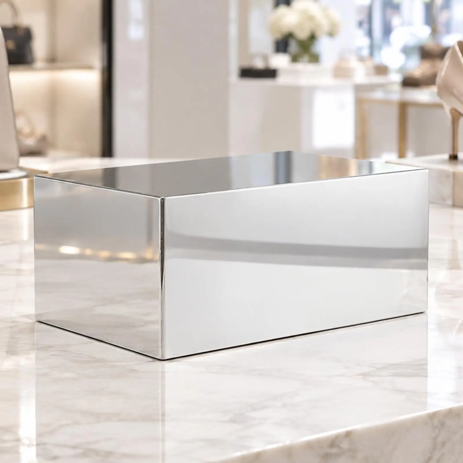 Retail Display Shelf Stainless Steel Rectangular Pedestal Stand for Countertop Showcase Box Display Riser for Goods