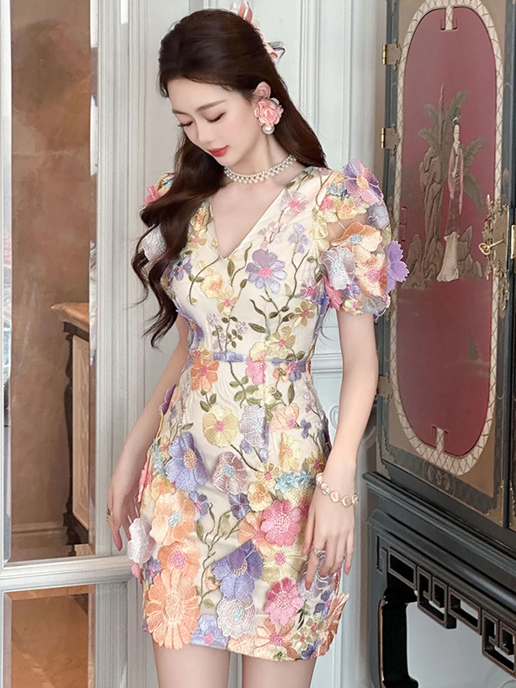 Summer Sweet Floral Evening Dress Women Clothes Mujer Elegant Chic Sexy Puff Sleeve Slim Vacation Holiday Party Birthday Vestido