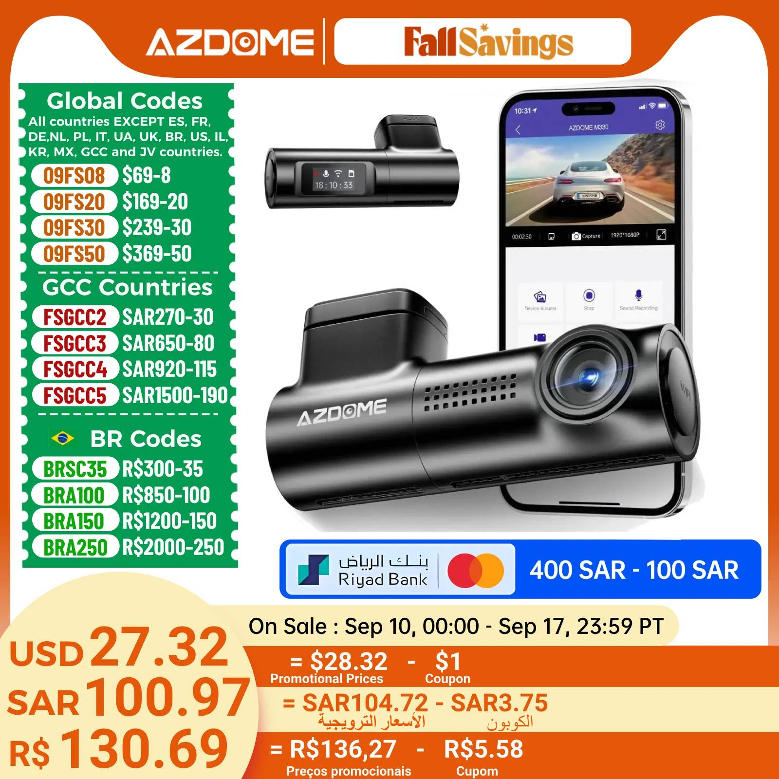 AZDOME M330 coche DVR 1296P cám