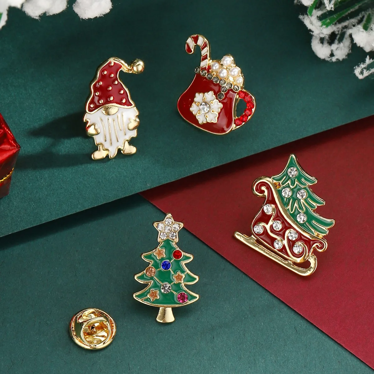 4pc Europe America Invisible Inlaid Imitation Pearl, Multi Colored Gemstone Christmas Element Brooch UNISEX Party Holiday Brooch