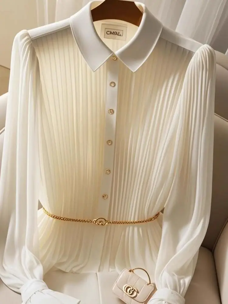 Długi, jednolity kolor, elegancki damski top, piękny, luźny krój w stylu koreańskim, zapinany na guziki, idealny do biura, na wiosnę i jesień.