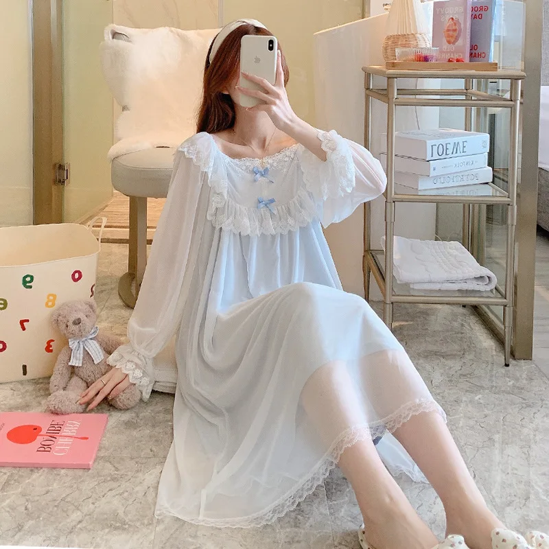 

Fairy Mesh Night Dress Vintage Spring Autumn Women Nightdress Sexy Full Sleeve Nightgown Princess Round Neck Sleepwear Nightwear