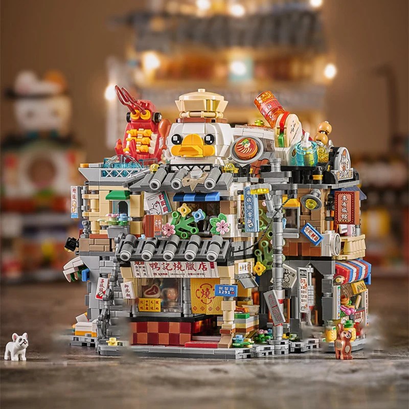 

City HongKong Retro Food Court Street View Building Blocks Creative Roast Meat Shop Snack Bar Seafood Restaurant Mini Bricks Toy