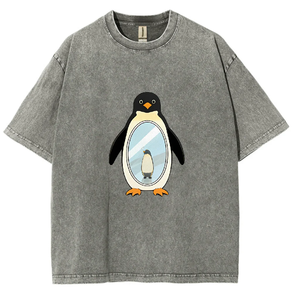 

Washed Penguin Mirror Print Oversized T Shirt Unisex Waffle Texture Y2K Retro Casual Graphic Tee Soft Breathable Daily Casual