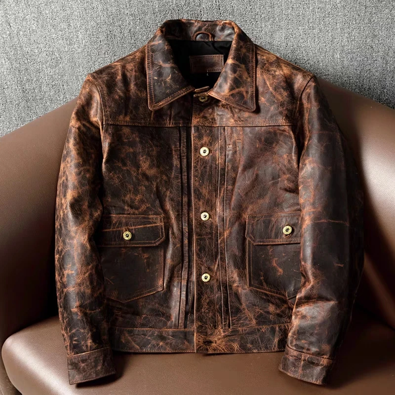 New Style Heavy Oil Wax Top Layer Tea Core Horse Leather Short Section Slim Men's Genuine Leather Jacket Retro Coat