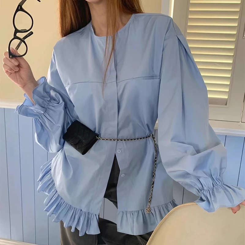 

O-neck Ruffles Spliced Flare Sleeve Blouse Women Korean Chic Single Breasted Shirts Loose Casual Solid Blusas Mujer Autumn Tops