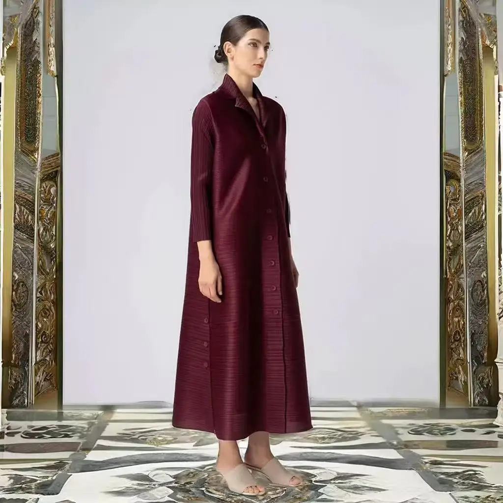 SuperAen Pleated Fashion Dress 2025 Summer New Red Cardigan Women Turn-down Collar Long A-line Dress