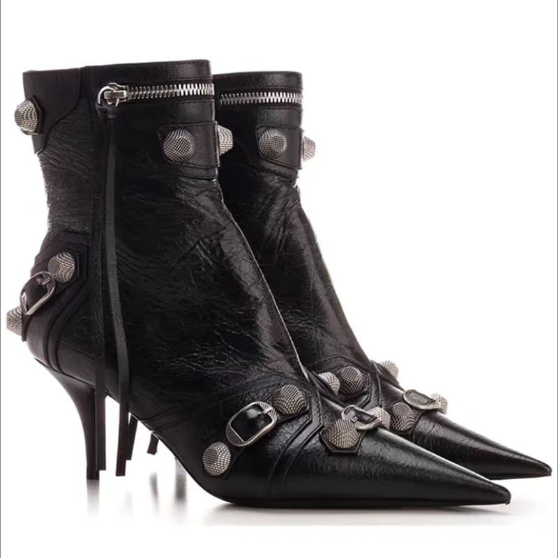 Pointed Toe Rivets Women\'s Ankle Boots New Autumn Metal Decoration 5cm High Heel Bare Boots Tassel Belt Buckle Side Zipper Boots