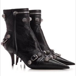 Pointed Toe Rivets Women's Ankle Boots New Autumn Metal Decoration 5cm High Heel Bare Boots Tassel Belt Buckle Side Zipper Boots