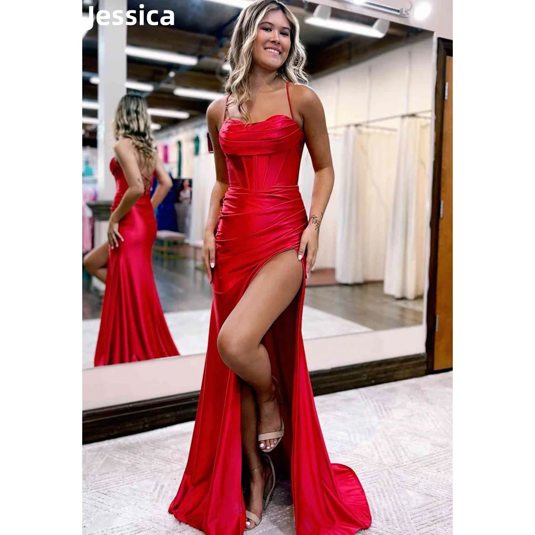 

Jessica Red Bride Prom Dresses Sexy Mermaid Backless Side Slit Evening Dresses Wedding Formal Occasions Party Dress فساتين سهرة