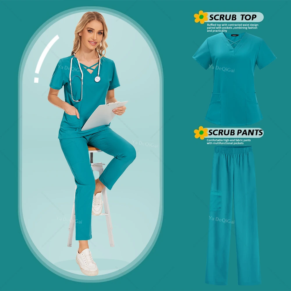 Feminino Médico Bolso Top e Calças Retas Conjunto de Esfoliante, Uniformes de Enfermagem, Salão de Beleza, Doutor, Enfermeira, Clinical Workwear