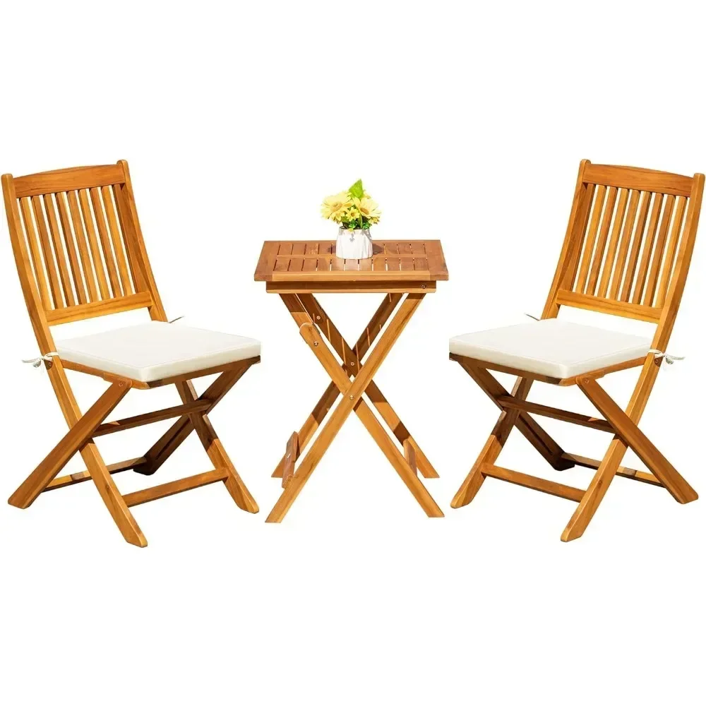 Set Bistro Furnitur Lipat Teras 3 Buah dengan 2 Bantal untuk Kolam Renang Pantai Halaman Belakang Balkon Teras Dek Taman, Kayu Akasia