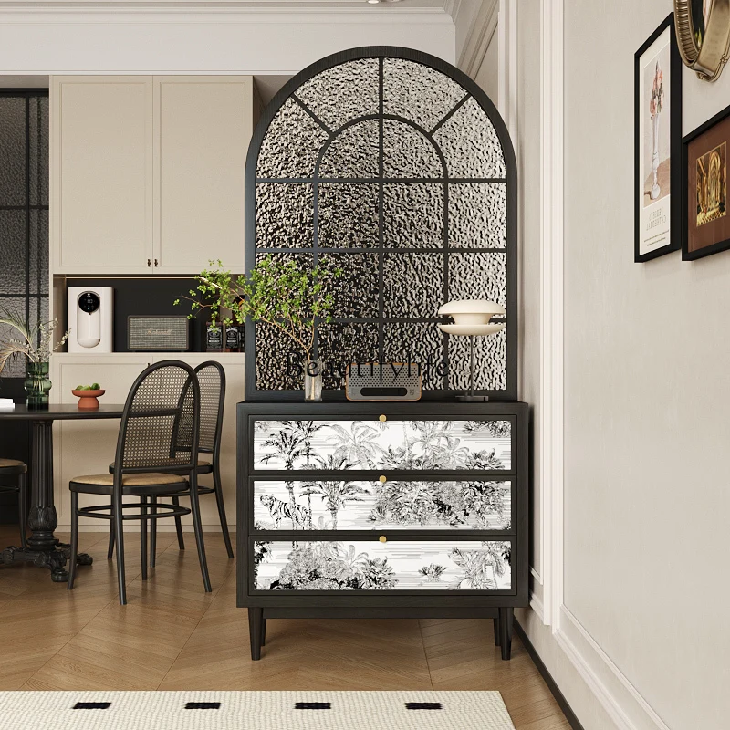 05-French retro solid wood water pattern glass entry door screen partition living room shoe cabinet entrance cabinet American ho