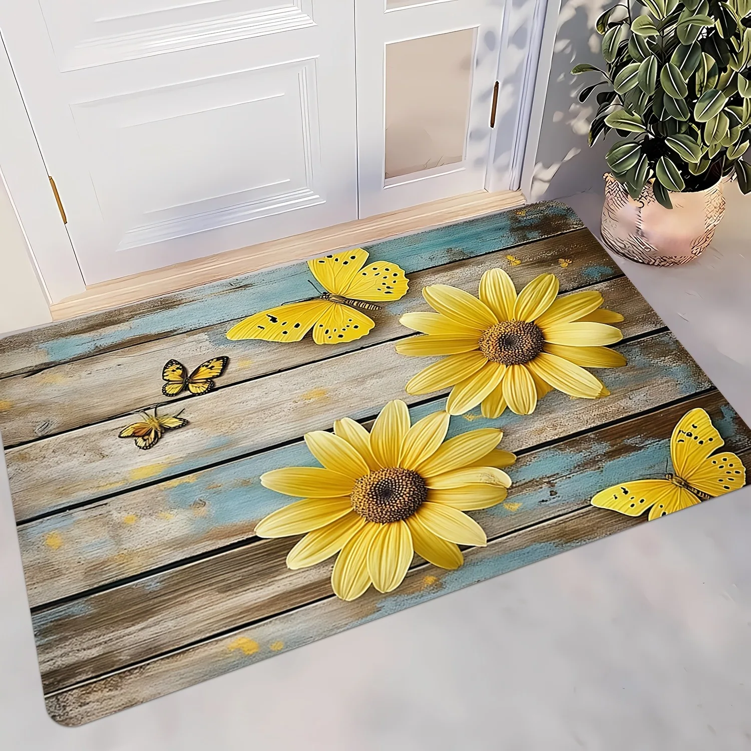 Garden Floral Door Mat Mixed Daisy Cosmos Wild Green Grass Pattern Print Front Door Entryway Hallway Home Decor Floor Carpet