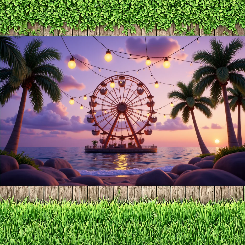 Decorazioni da spiaggia Tema tropicale Banner al tramonto Banner scenico Luci Decorazione Banner al mare per la celebrazione serale Evento all'aperto